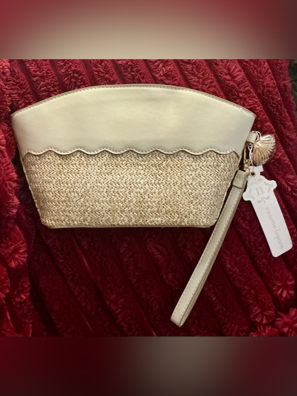 Nanette Lepore Cream Straw Wristlet with Shell Charm - Picture 2 of 3